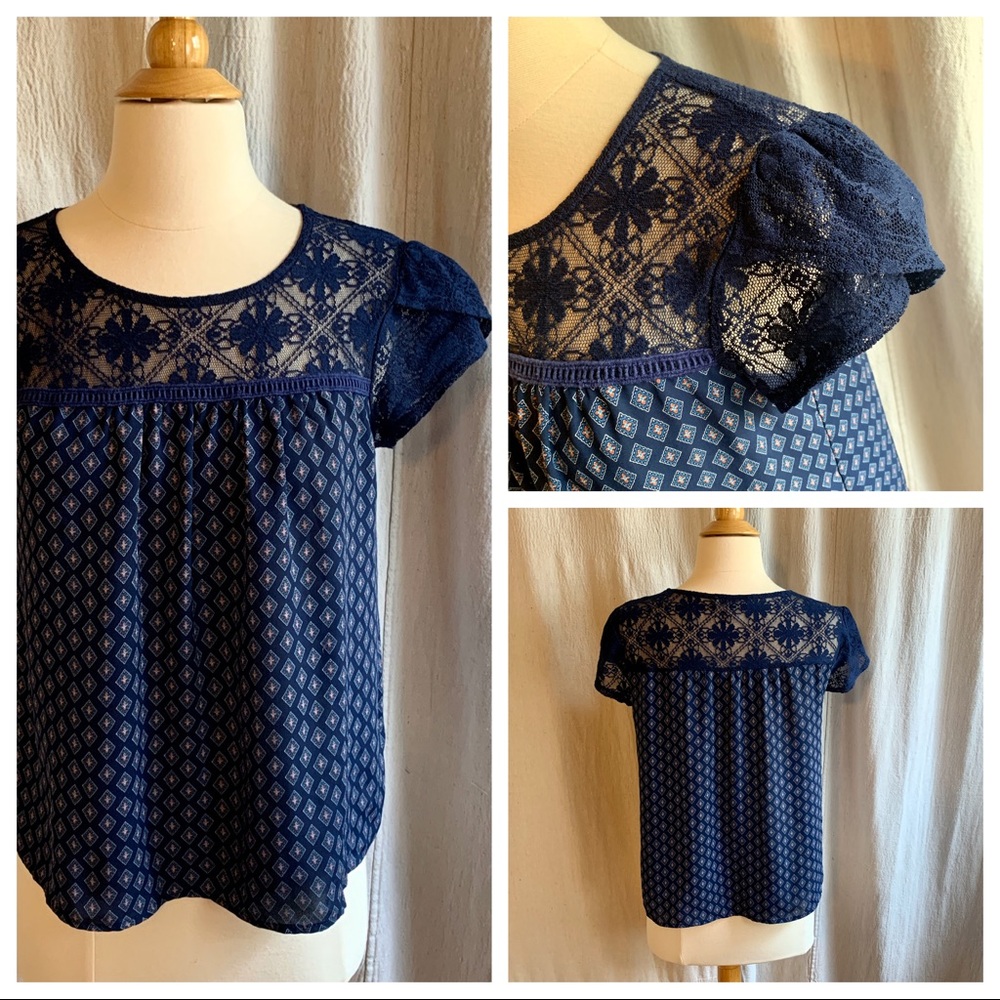 Meraki Navy Blue Lace Detail Blouse in Medium